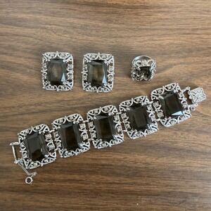 1962 Sarah Coventry Celebrity Smoky Rhinestone Bracelet Brooch Earrings Ring Set